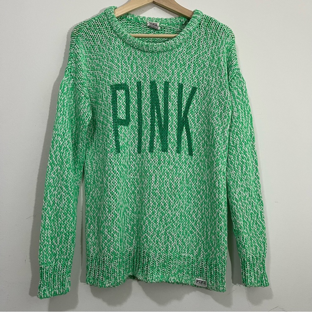 Victoria's Secret PINK Green Marled Crewneck Spell Out Sweater Sz S Oversized